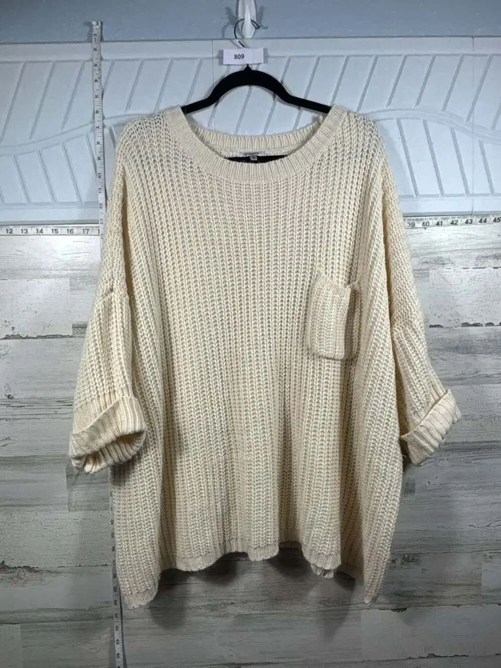 J.O.A. Beige Chunky Knit Oversized Sweater with Front Pocket